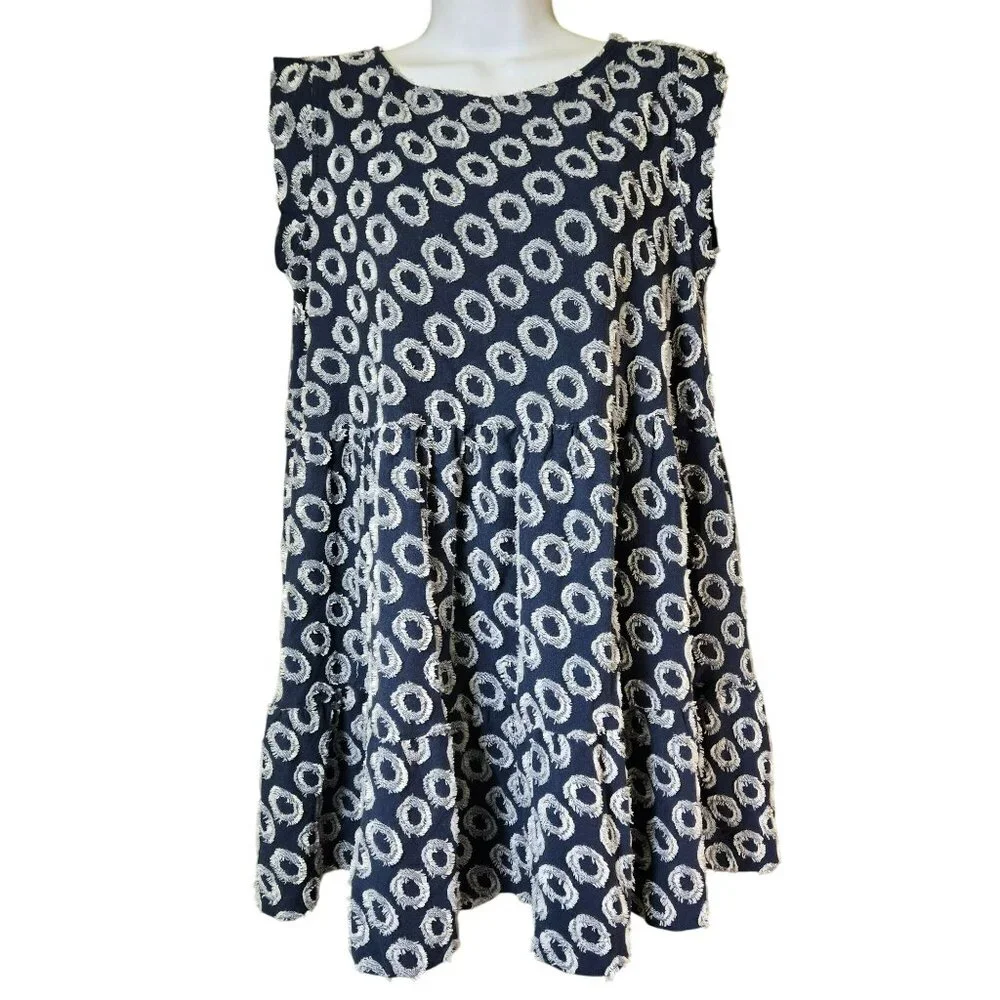 Maeve Anthropologie Lisanne Textured Navy Ivory Tunic Dress Sz S Frayed Circles - Picture 3 of 15